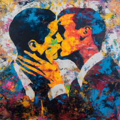 Expressive abstract painting of two men kissing, using vibrant splashes of color and texture for emotional and artistic impact.
