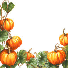 Autumn-themed border with vibrant orange pumpkins and green leaves on a white background, perfect for seasonal designs.
