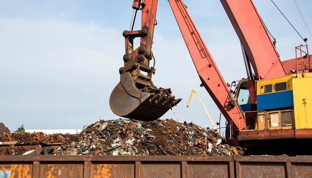 Excavator's Bucket Dumping Scrap Metal into a Rusty Industrial Container - Powered by Adobe
