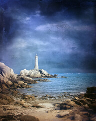 Transavanguardia 1980s, concept: solitary lighthouse on rocky shore, dark sky, raw texture, muted tones