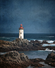 Obraz premium Transavanguardia 1980s, concept: solitary lighthouse on rocky shore, dark sky, raw texture, muted tones