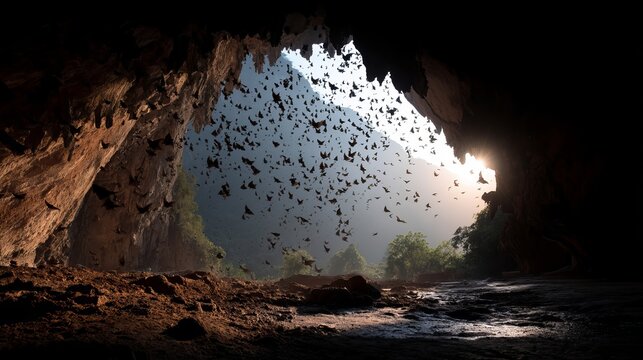 A breathtaking view of a cave filled with flying bats at dusk, showcasing nature's wonders. - Powered by Adobe