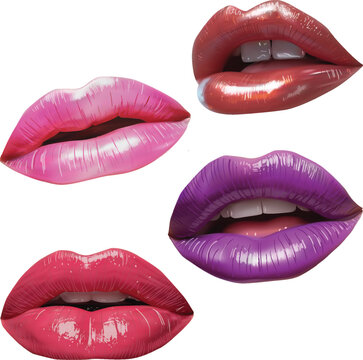 four pink lips isolated on white background