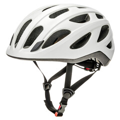 Photo of white bicycle helmet with black straps and ventilation, isolated on transparent background