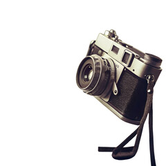 Photo of vintage film camera with leather strap, isolated on transparent background, a classic photography device with a retro style and simple clean design