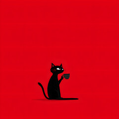 Minimalist illustration of a black cat sitting calmly while holding a small cup against a bold red background, evoking mystery and charm.
