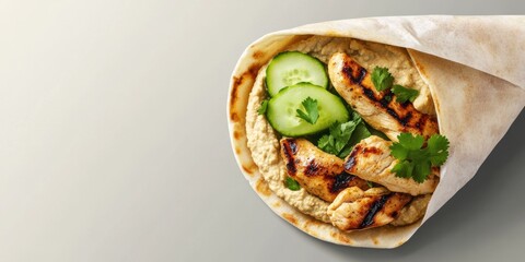 Clean flatlay of pita filled with hummus, grilled chicken, and cucumber, wrapped in parchment against a muted background with soft shadows and minimalist aesthetic.