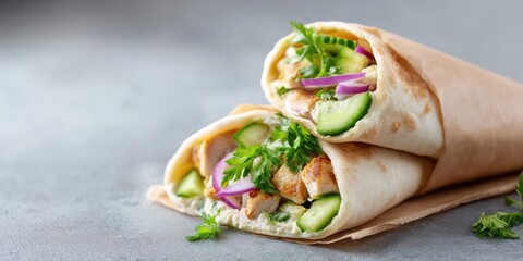 Minimalist hummus and chicken pita on neutral backdrop, showcasing shape and freshness in a calm, contemporary visual style perfect for healthy eating or meal prep designs.