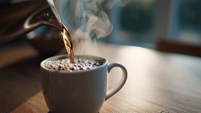 Hot coffee being poured into white cup on wooden table