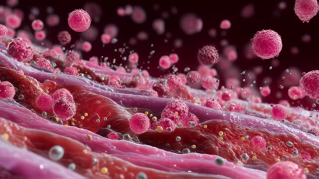 Closeup simulation of inflammatory response with pink immune cells infiltrating layered tissue membranes highlighting cellular interaction in acute graftversushost disease.