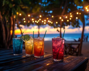 Vibrant cocktails on a beachside table during sunset, creating a relaxed and festive atmosphere.