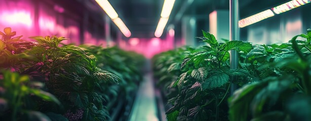 Vibrant green plants thriving under artificial lights in a modern greenhouse, showcasing hydroponic growth.