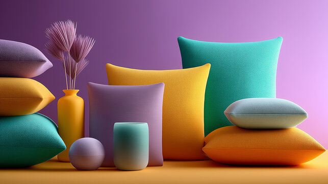 Bunte Designerkissen in modernen Farben arrangiert auf neutralem Hintergrund für Wohndesign und Inneneinrichtung