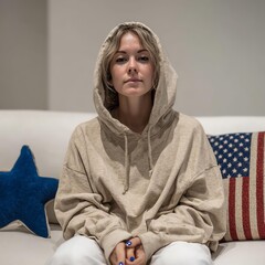 A woman in a comfy hoodie poses on a sofa, exuding a relaxed and casual vibe in a cozy setting.