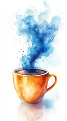A vibrant watercolor illustration of a steaming coffee cup with blue swirl effects, perfect for beverage themes.