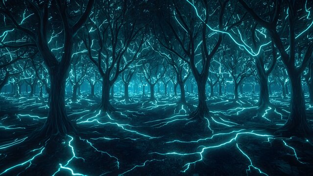 Enchanted forest with glowing roots and ethereal blue light