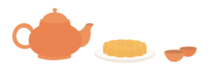 Teapot with teacups isolated on transparent. Flat vector illustration. Mid Autumn Festival design element, holiday clip art. Tableware, kitchen utensils, tea ceremony