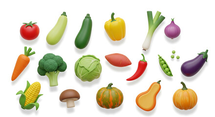 Assortment of fresh vegetables and produce on a white background