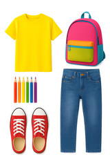 Bright school outfit with colorful backpack and art supplies for children