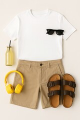 Casual summer outfit layout with accessories on a light background