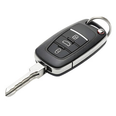 Photo of modern car key fob with remote control buttons and integrated key, isolated on transparent background