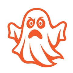 Minimalist ghost logo with wide eyes and a flowing sheet body, blending cartoon charm with spooky flair.
