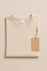 Neutral color t-shirt folded neatly on textured surface with price tag attached