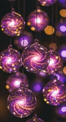 Obraz premium Elegant purple christmas ornaments hanging with a soft glow creating a festive holiday atmosphere
