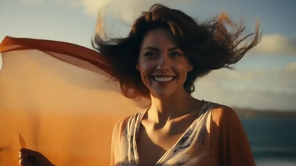 A woman enjoys a carefree moment on the beach during sunset. Her hair flows in the breeze as she dances joyfully, expressing happiness and freedom along the ocean shore