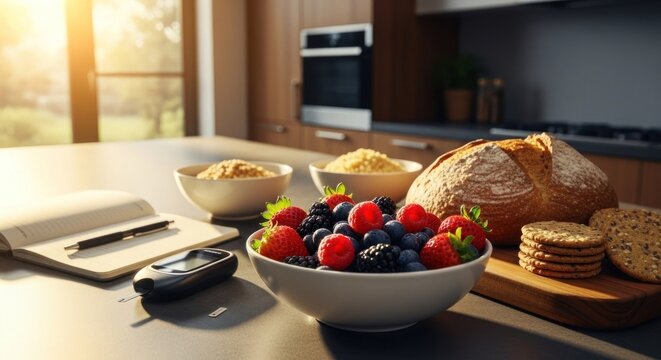 Healthy meal prep in a modern kitchen, featuring fruits, grains, bread, and a blood sugar monitor
