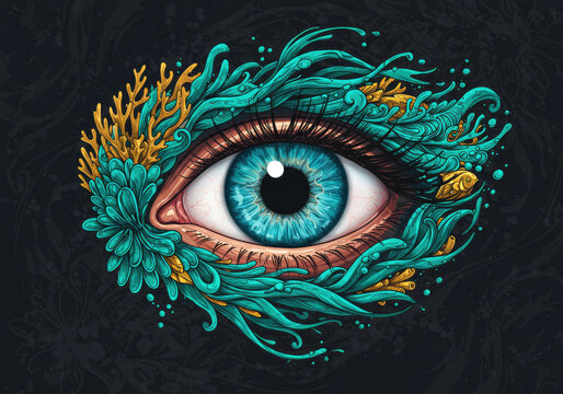 Surreal Oceanic Eye with Flowing Fish Motifs and Turquoise Coral Swirls in Darkness