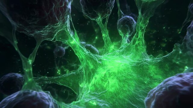 Timelapse of unplanned cell death membrane breakdown and glowing green toxins infiltrating cellular matrix.