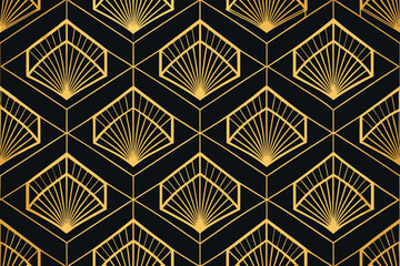 Art deco golden geometric pattern on black background suitable for seamless designs and elegant projects