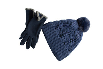 Winter accessories with navy blue gloves and knitted hat
