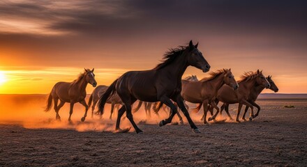 Horses running at sunset