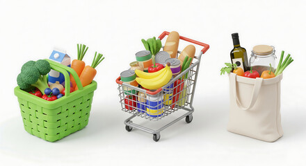 Fresh groceries in a basket shopping cart and reusable bag