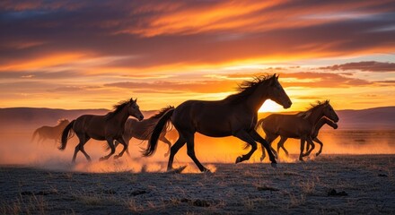 Horses running wild at sunset