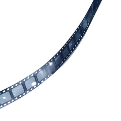Photo of a curved strip of vintage film reel with visible frames and perforations, isolated on a transparent background, representing cinema and media