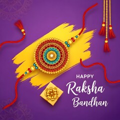 Close up of a rakhi on a purple background with a yellow stripe and a gift box for raksha bandhan