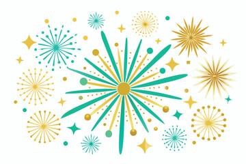 Festive fireworks burst design with gold and teal elements on a transparent background suitable for celebration graphics