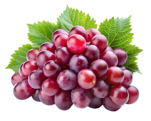 Fototapeta premium Bunch of fresh red grapes with green leaves, isolated on transparent background