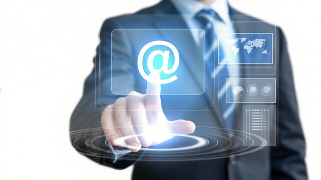 Dynamic businessman activating email icon on virtual screen, modern networking solution for global communication and connection, driving digital transformation
