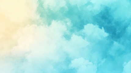 Soft pastel background with fluffy clouds in shades of blue and yellow.