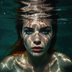 Imagen de estilo de vida acuática con una mujer joven y serena flotando bajo el agua, su mirada penetrante captura una sensación de paz y tranquilidad interior.