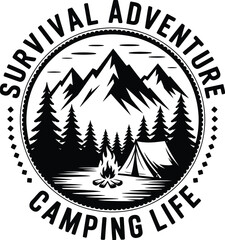 A vintage-style circular emblem for survival adventure and camping life, featuring mountains, a forest, a tent, and a campfire.