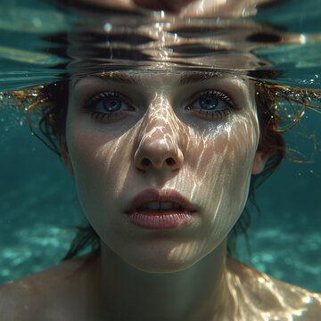 Retrato art&iacute;stico de una joven mujer con intensos ojos azules sumergidos bajo el agua, con su rostro iluminado por los rayos del sol que crean reflejos c&aacute;usticos.