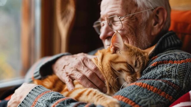 An older man is hugging a cat. The cat is orange and has a peaceful expression. The man is smiling and he is enjoying the moment