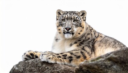 Fototapeta premium snow leopard perched on rocky outcrop looking fierce white isolated background