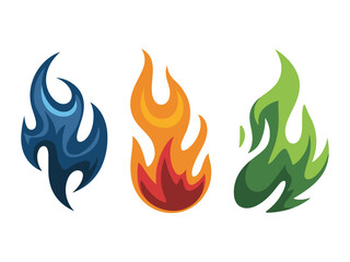 Creative fire flame icon design set in orange blue and green styles Vector illustration