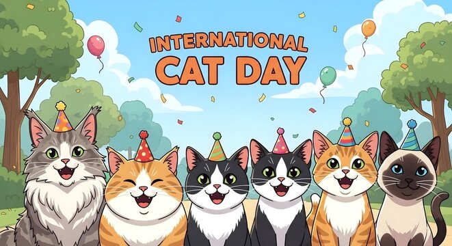 Cartoon cats celebrating international cat day with party hats, balloons, and confetti in a vibrant park setting for joyful pet-themed designs